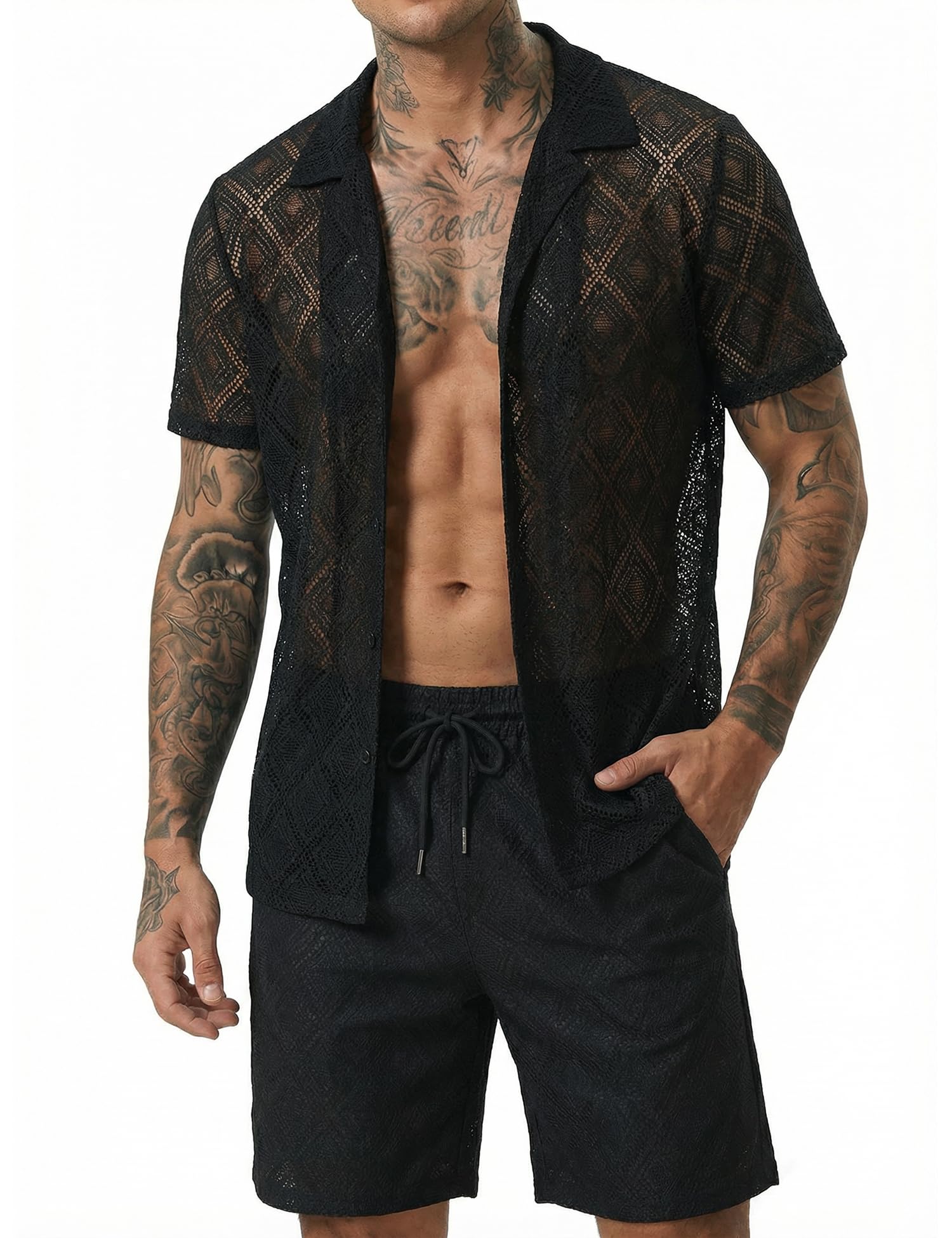 Men 2 Piece Shorts Set Sexy Lace Mesh Sheer Short Sleeve Summer Rave Outfit
