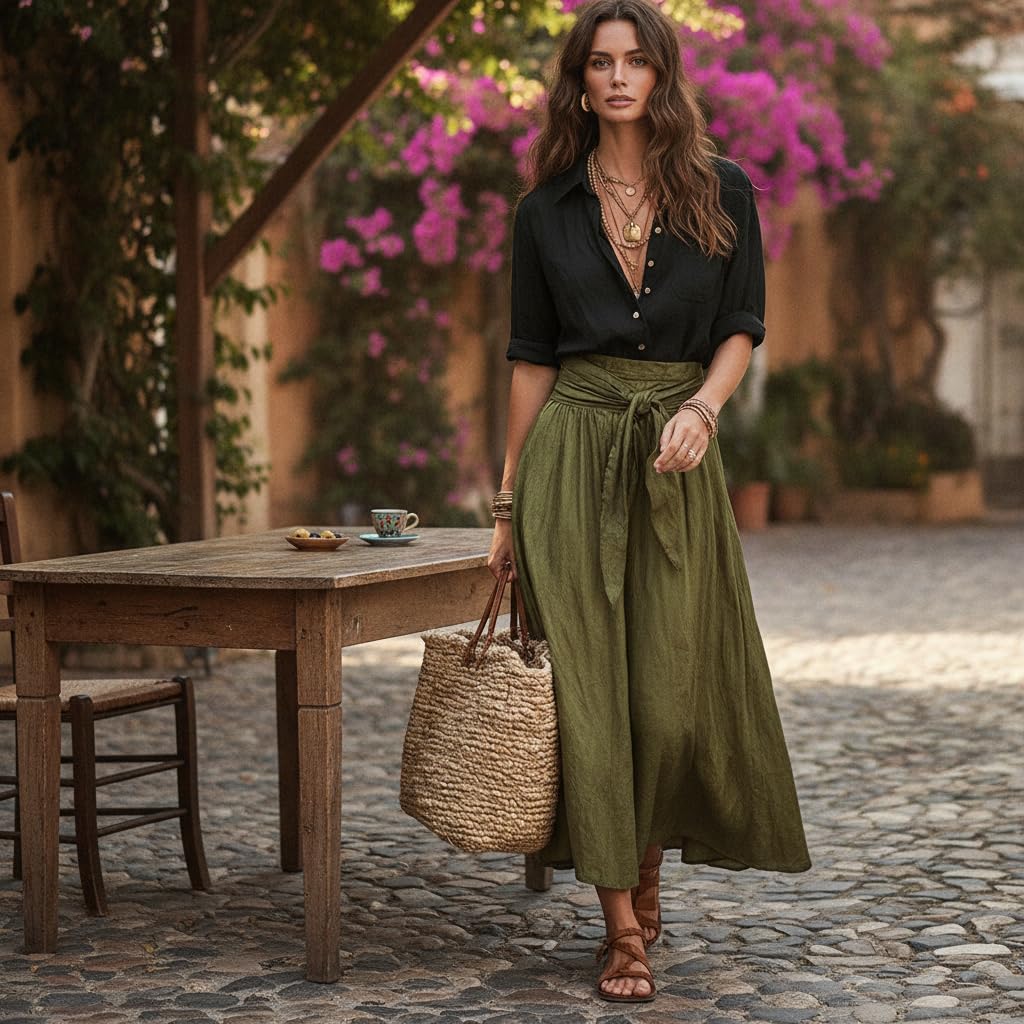 Women Boho Contrast 2 Piece Outfit, Long Sleeve Button Down Shirt & Tie Waist Flowy Midi Skirt Casual Vacation Set