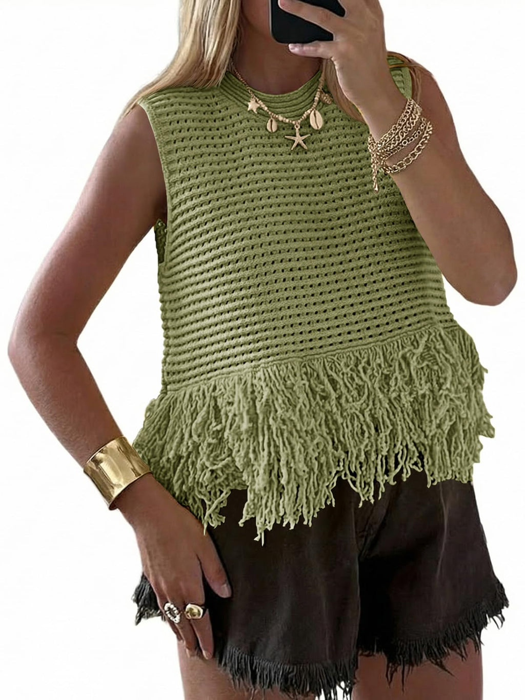 Saodimallsu Womens Crochet Crop Tank Tops Fringe Boho Summer Sweater Vest | Sleeveless,Crew Neck,Soft Knit,Summer Going Out Top,Resort Wear,Beach Vacation Outfits,Spring Fashion