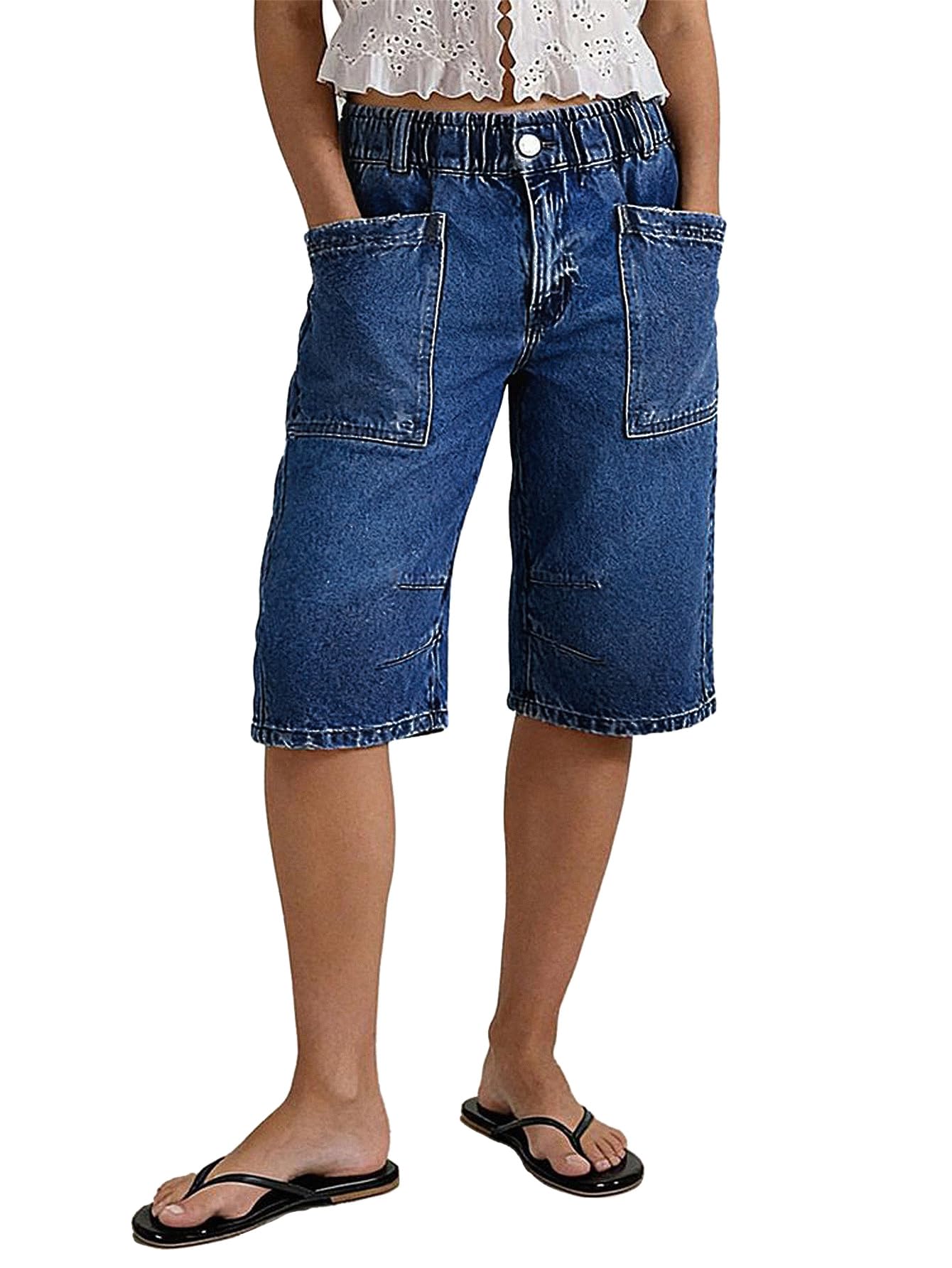 Flamingals Straight Leg High Rise Denim Bermuda Shorts | Elastic Trendy Jean Shorts with Patch Pockets, Bermuda Shorts for Women, High Waist, Denim Fabric