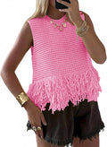 Saodimallsu Womens Crochet Crop Tank Tops Fringe Boho Summer Sweater Vest | Sleeveless,Crew Neck,Soft Knit,Summer Going Out Top,Resort Wear,Beach Vacation Outfits,Spring Fashion