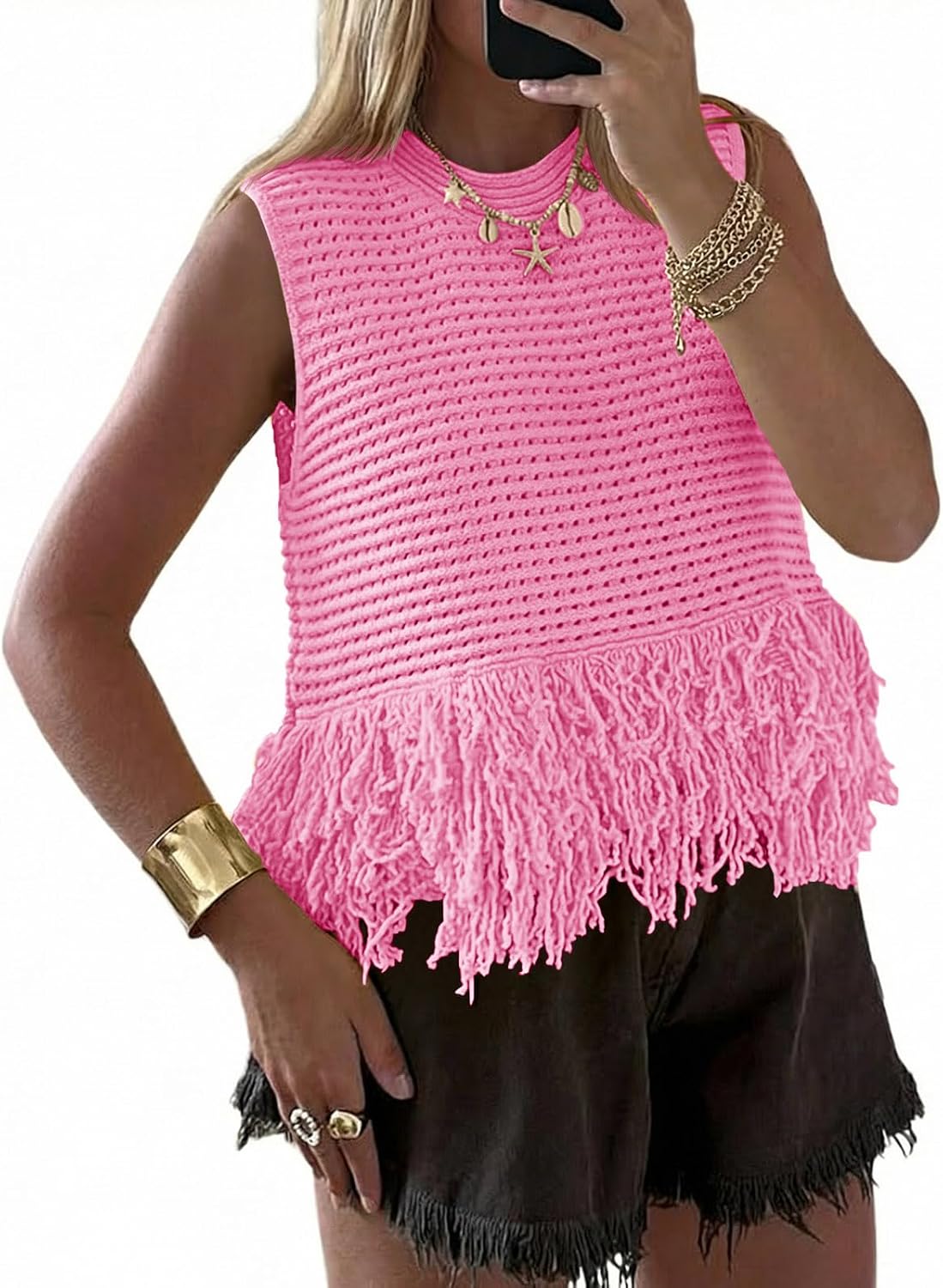 Saodimallsu Womens Crochet Crop Tank Tops Fringe Boho Summer Sweater Vest | Sleeveless,Crew Neck,Soft Knit,Summer Going Out Top,Resort Wear,Beach Vacation Outfits,Spring Fashion