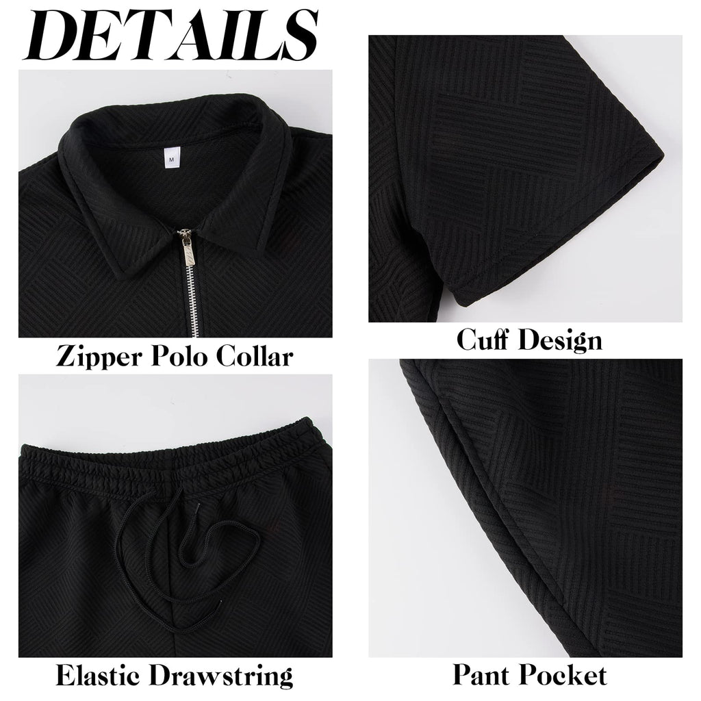 Aulemen Mens 2 Piece Zip Tracksuit Short Sleeve Set Summer Outfits for Men | Polo Shirt and Shorts Sets Activewear Short Set