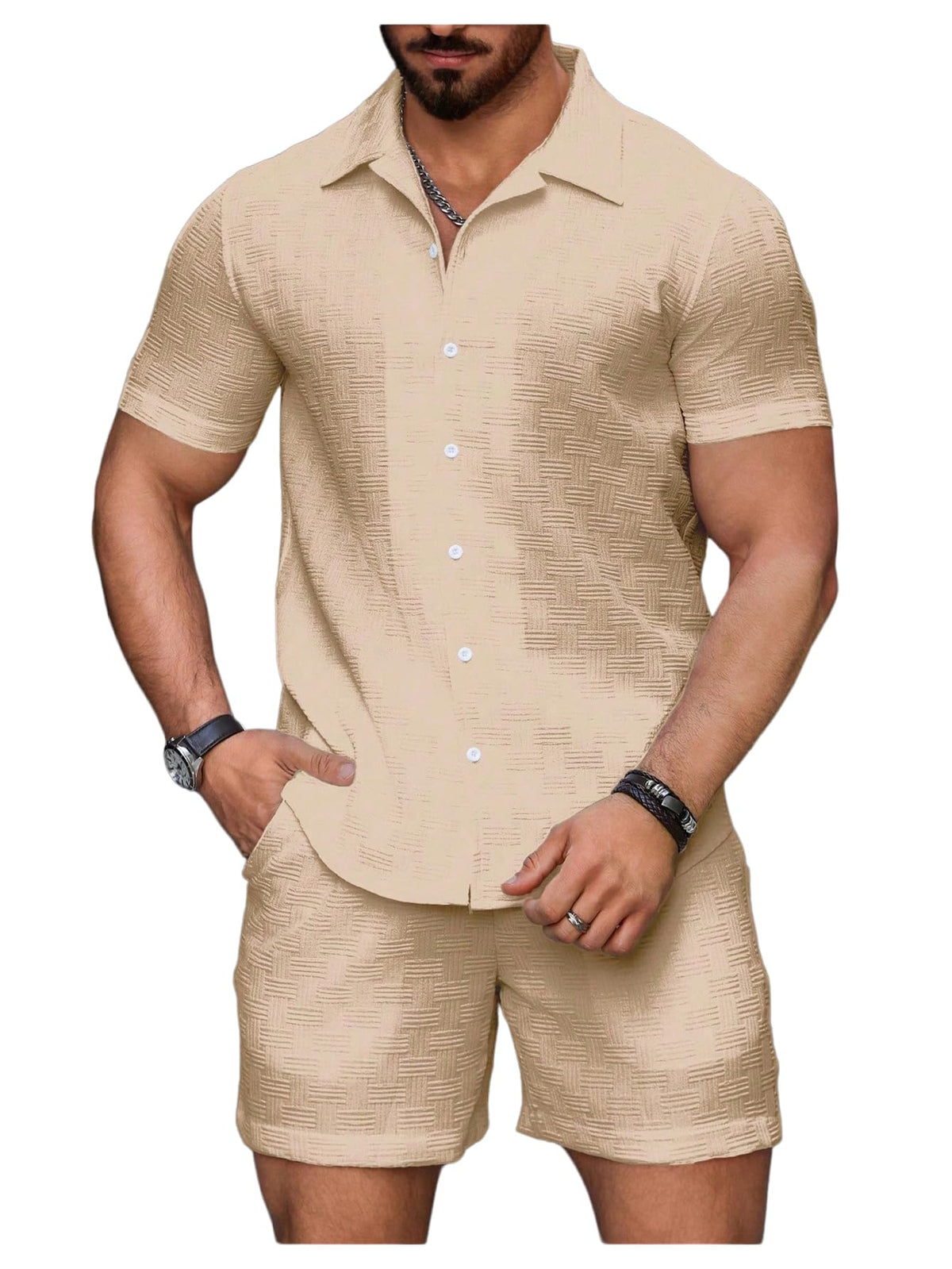 GORGLITTER Men's Vacation Summer Cruise Outfits 2 Piece Linen Shorts Sets | Beach All White Outfits, Short Sleeve Button Up Shirt, Matching Sets Clothing, Old Money Clothes