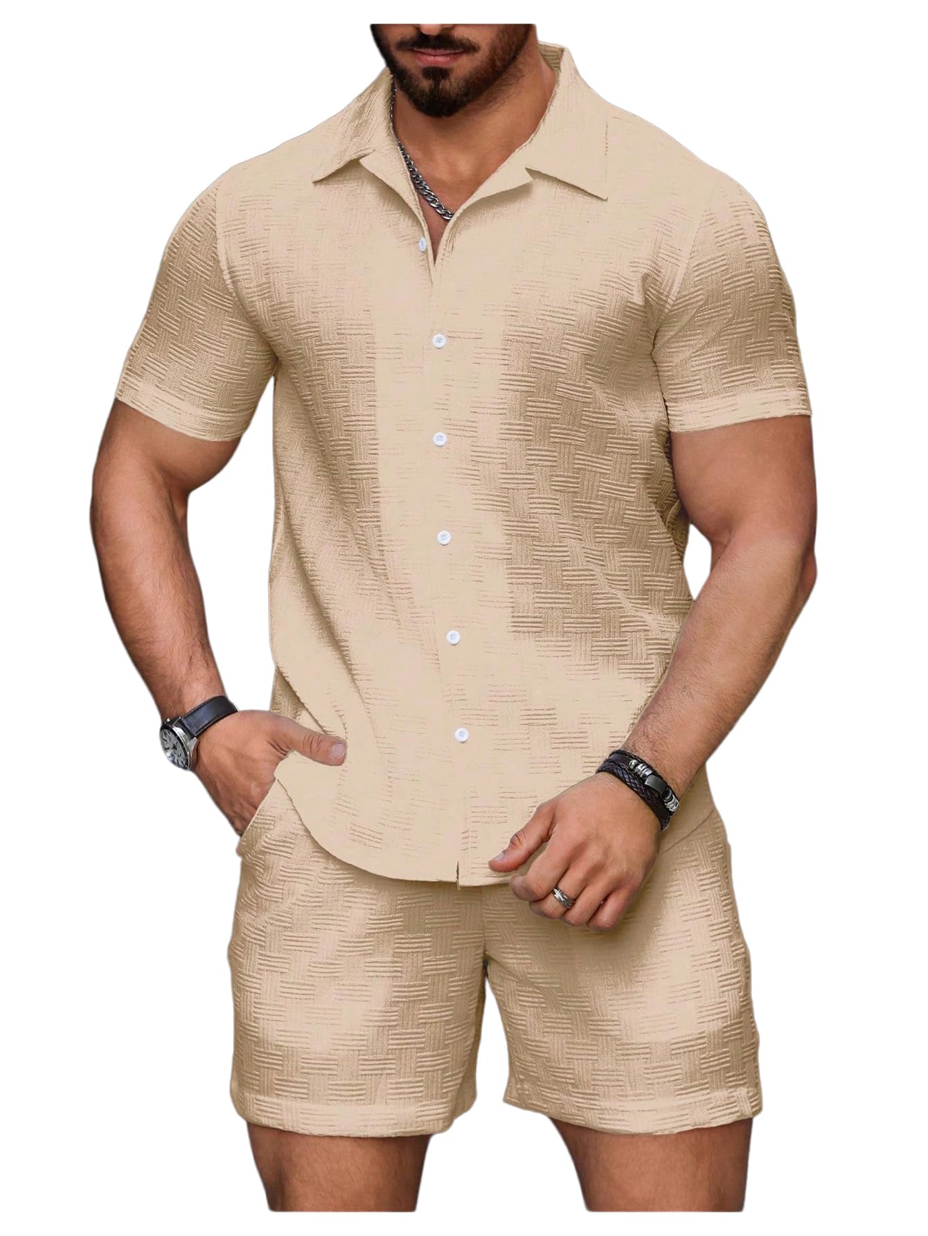 GORGLITTER Men's Vacation Summer Cruise Outfits 2 Piece Linen Shorts Sets | Beach All White Outfits, Short Sleeve Button Up Shirt, Matching Sets Clothing, Old Money Clothes