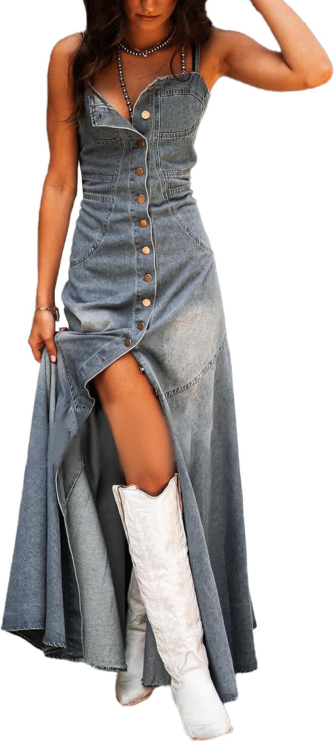Sexyshine Women's Button Down Smocked Denim Dress Spaghetti Strap Sleeveless A-Line Flared Flowy Maxi Jean Dress