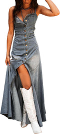 Sexyshine Women's Button Down Smocked Denim Dress Spaghetti Strap Sleeveless A-Line Flared Flowy Maxi Jean Dress