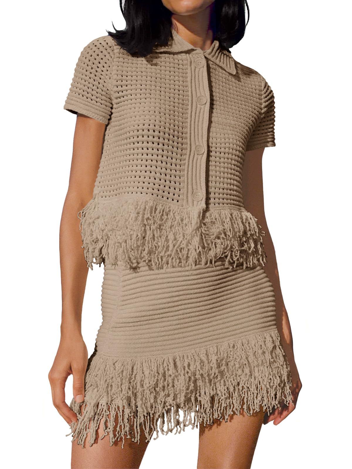 Fisoew Womens 2 Piece Outfits Crochet Short Sleeve Button Knit Sweater Tops and Fringe Skirt Vacation Sets