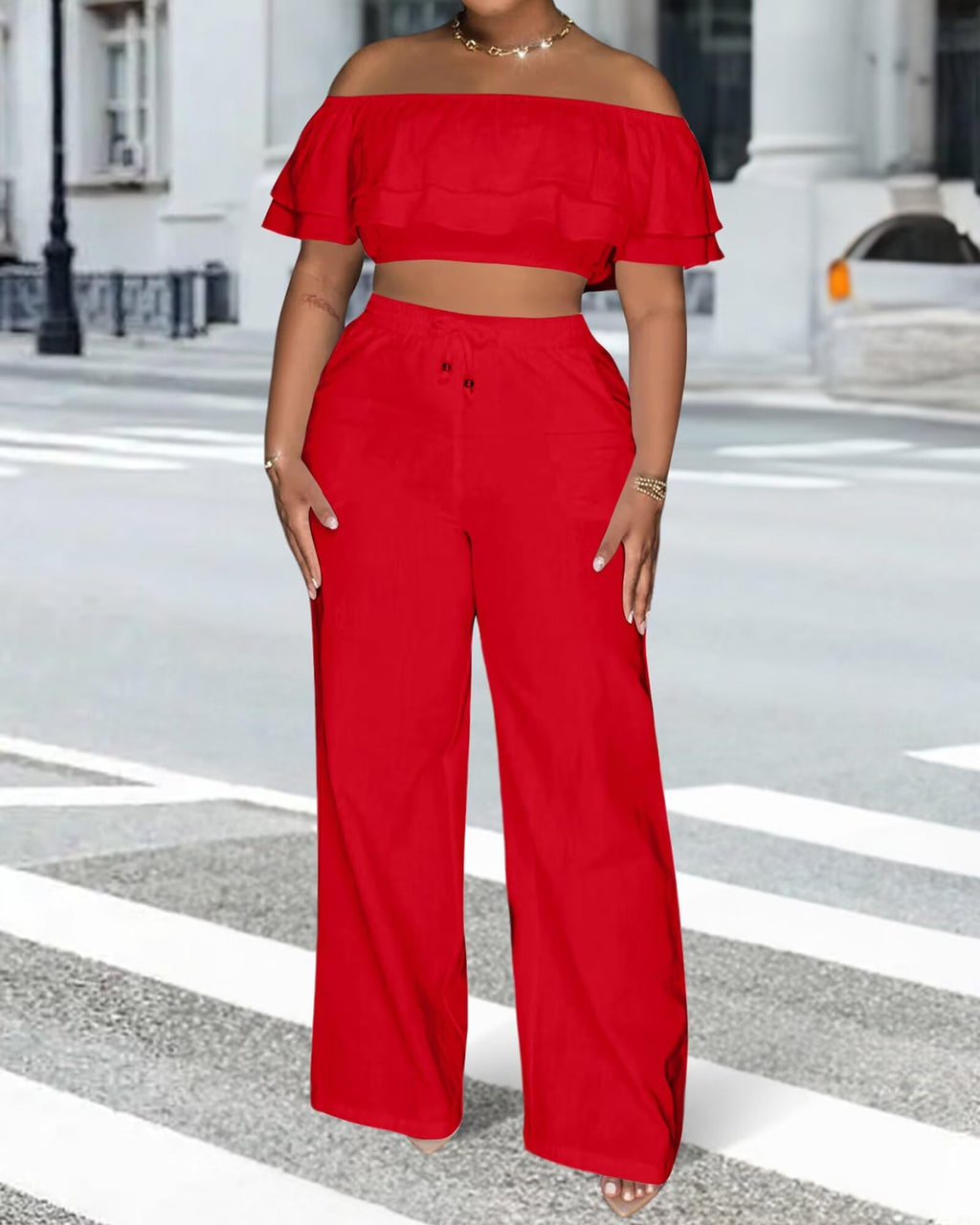 Adogirl 2 Piece Outfits for Women Ruffle Trim Crop Top Wide Leg Pants Set | 2 Piece Sets, Outfit for Women, Off Shoulder, Short Sleeve, Wide Leg Pants with Pockets, Sexy Outfits, Vacation Outfits