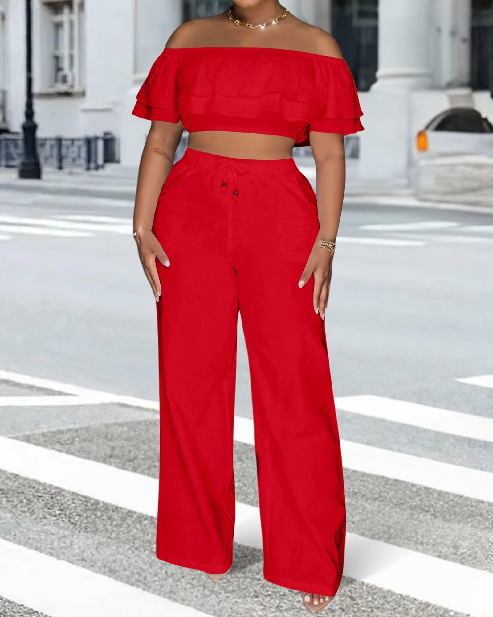 Adogirl 2 Piece Outfits for Women Ruffle Trim Crop Top Wide Leg Pants Set | 2 Piece Sets, Outfit for Women, Off Shoulder, Short Sleeve, Wide Leg Pants with Pockets, Sexy Outfits, Vacation Outfits