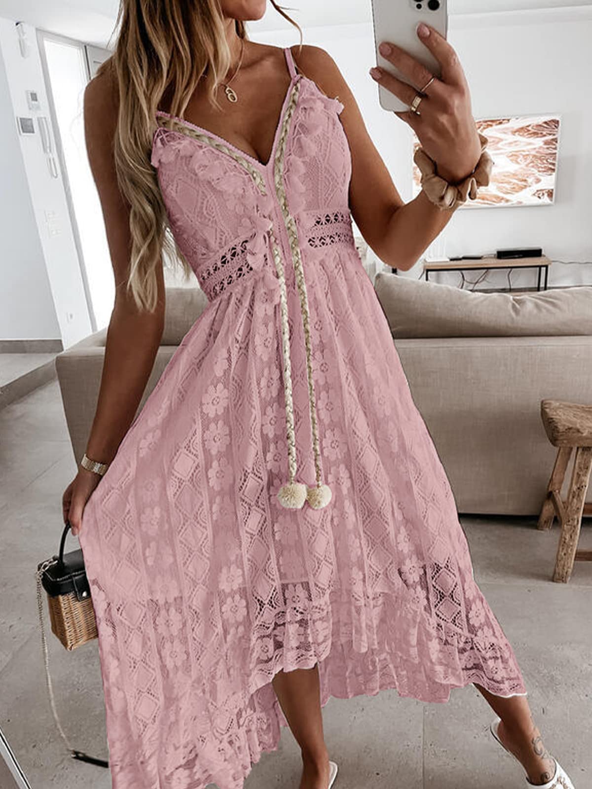 CUPSHE Womens Lace Summer Maxi Dresses 2026 Beach Wear | V Neck Spaghetti Straps Sundress, Tassel, Boho Pom Poms, Flowy Vacation Outfits, Resort Wear, Graduation Wedding Guest Looks