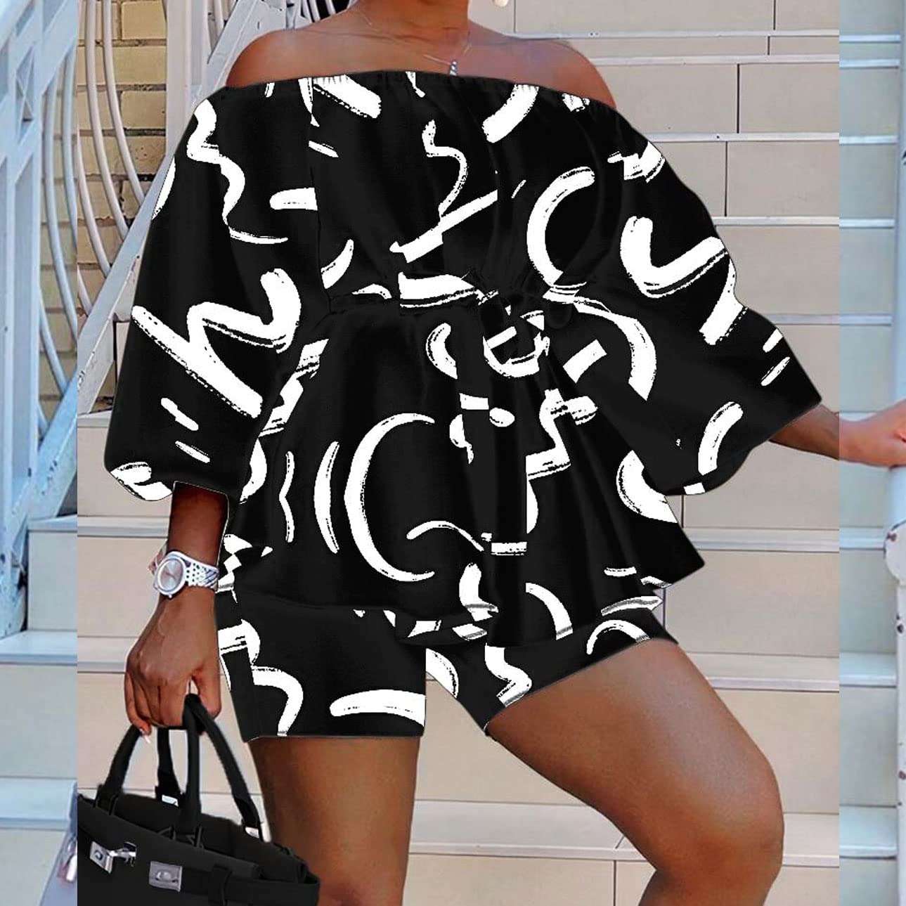 2 Piece Outfits for Women Sexy Off Shoulder Long Sleeve Plus Size Tops High Waisted Bodycon Shorts Set