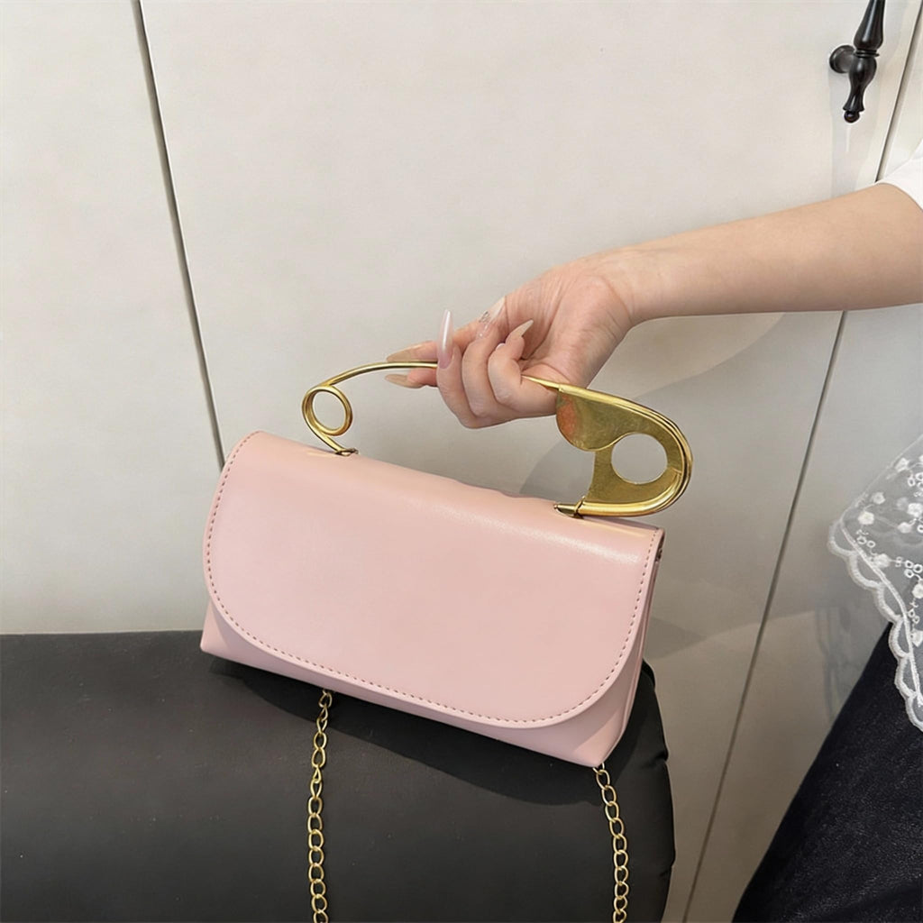 Women's Unique Safety Pin Crossbody Purse | Leather Clutch Bag Gold Handles Chain novelty clutch