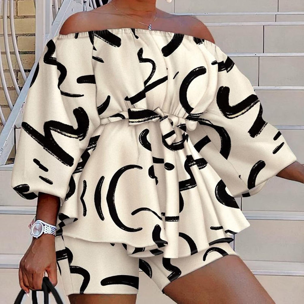 2 Piece Outfits for Women Sexy Off Shoulder Long Sleeve Plus Size Tops High Waisted Bodycon Shorts Set