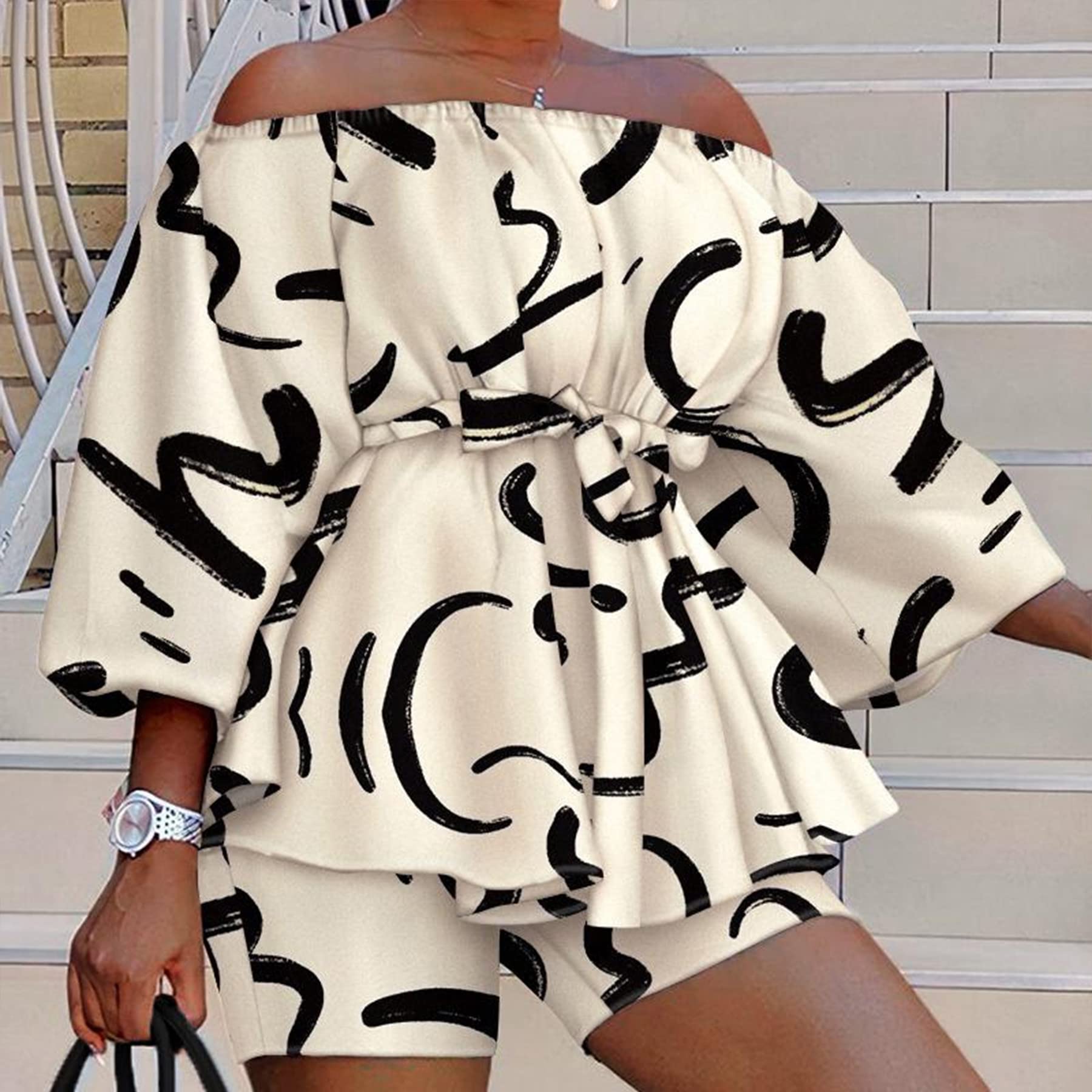 2 Piece Outfits for Women Sexy Off Shoulder Long Sleeve Plus Size Tops High Waisted Bodycon Shorts Set