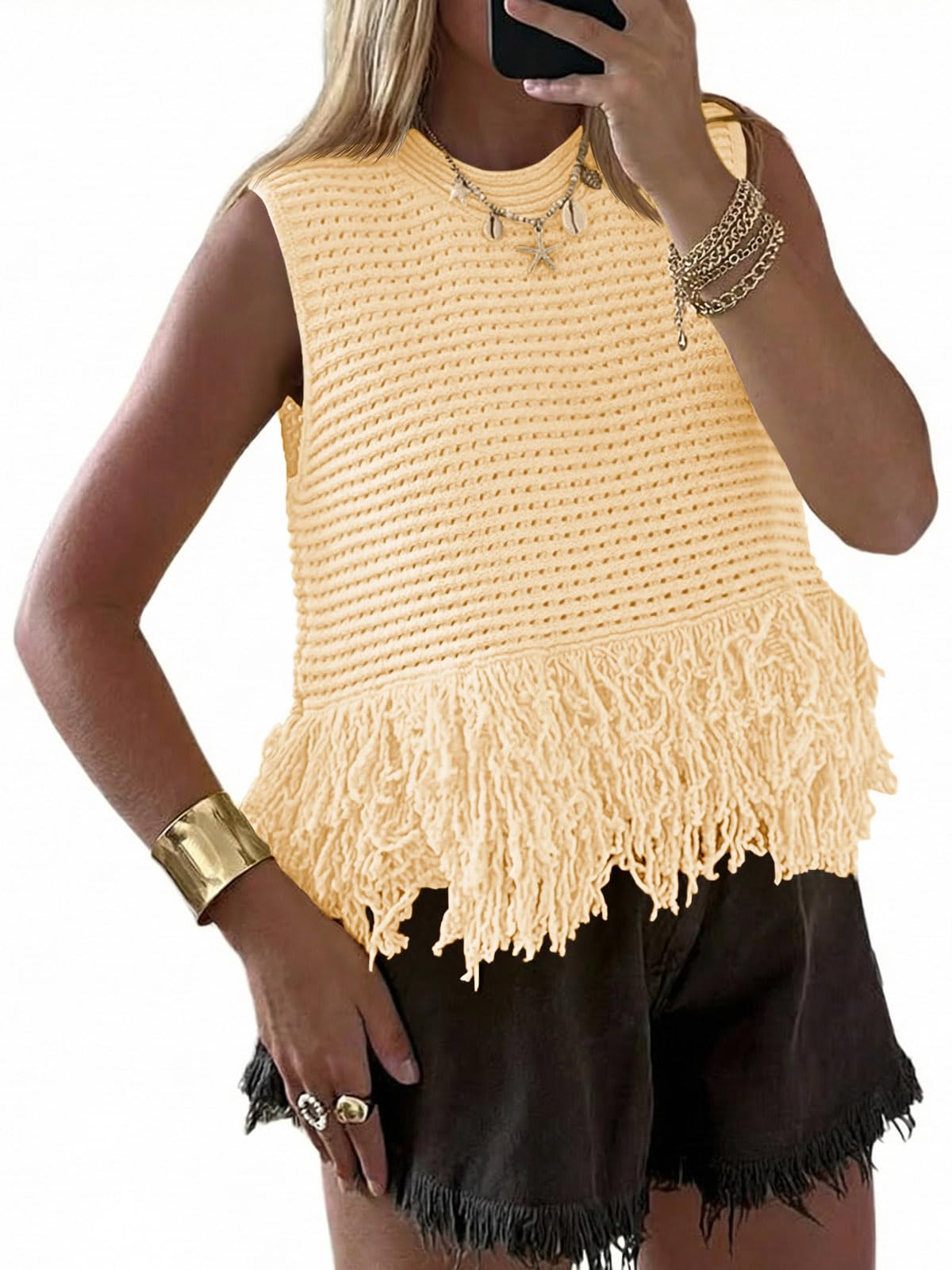 Saodimallsu Womens Crochet Crop Tank Tops Fringe Boho Summer Sweater Vest | Sleeveless,Crew Neck,Soft Knit,Summer Going Out Top,Resort Wear,Beach Vacation Outfits,Spring Fashion