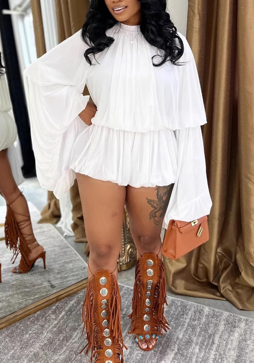 LETSVDO Shorts Sets Women 2 Piece Outfits Mock Neck Bell Sleeve Chiffon Top Blouse Pleated Ruffle Bubble Short Set Romper