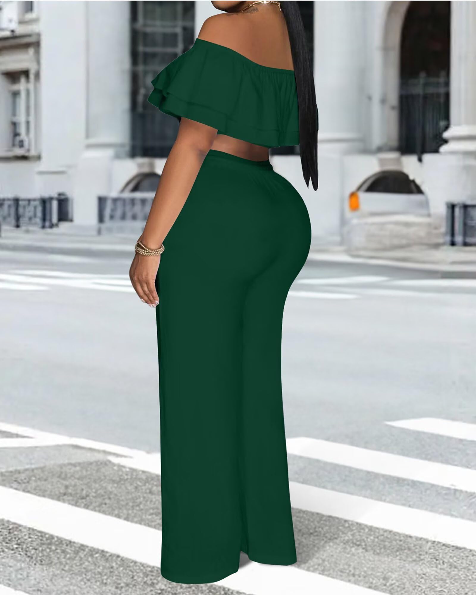 Adogirl 2 Piece Outfits for Women Ruffle Trim Crop Top Wide Leg Pants Set | 2 Piece Sets, Outfit for Women, Off Shoulder, Short Sleeve, Wide Leg Pants with Pockets, Sexy Outfits, Vacation Outfits