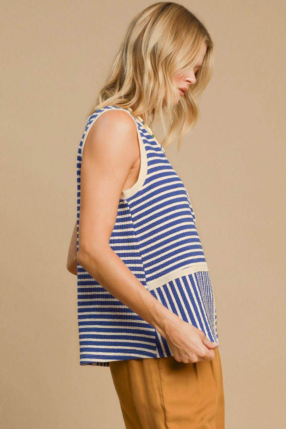 Umgee Round Neck Texture Striped Tank Top for Women