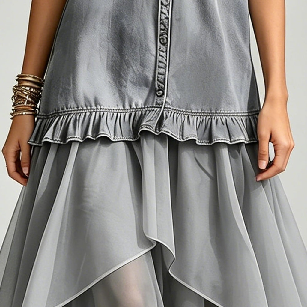 Women's Halter Denim Sleeveless Shirt Dress Mesh Patchwork Irregular High‑Low Maxi Dress Ruffled Tiered Vacation Dress