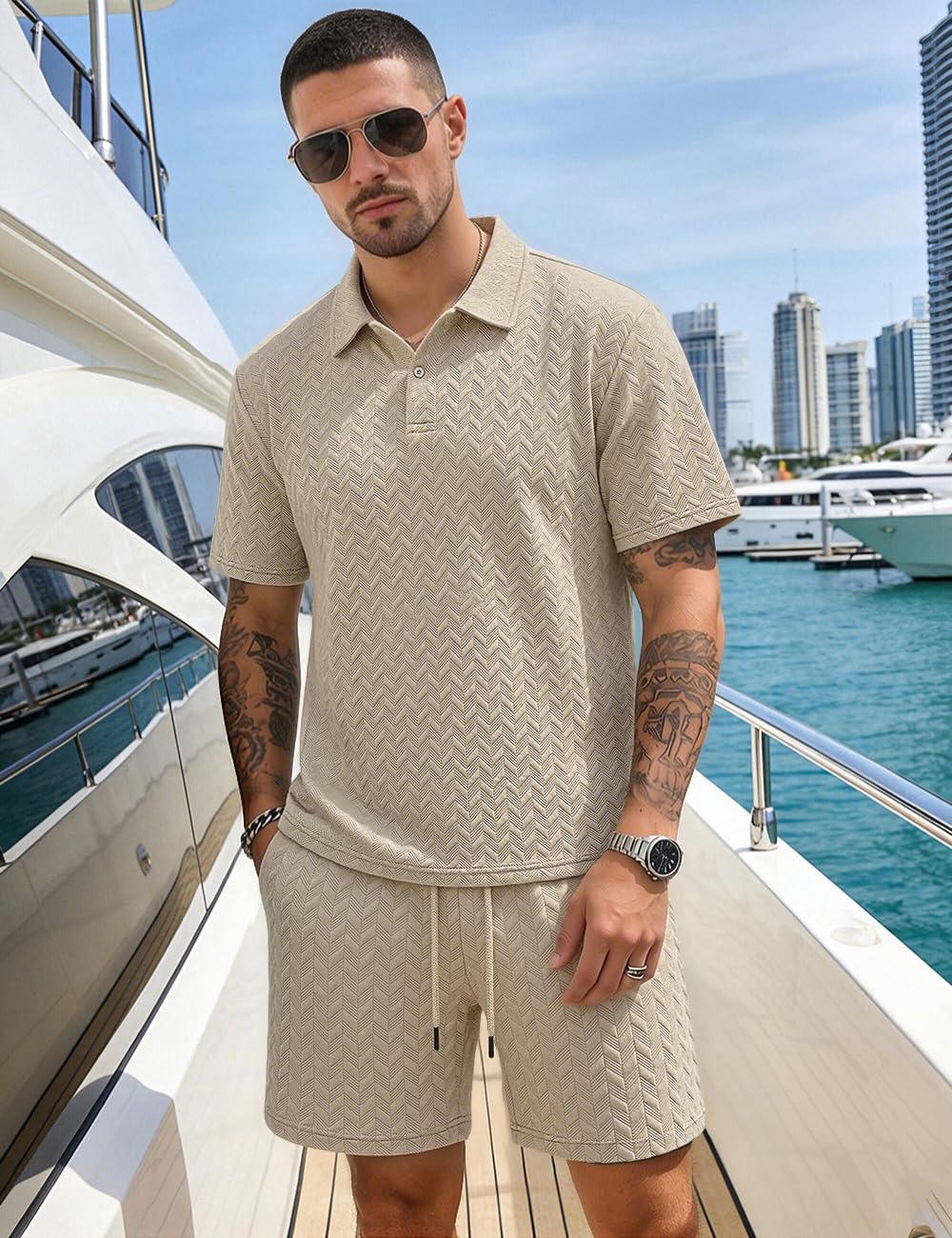 Men's 2 Pieces Outfits Casual Polo Shirt and Shorts Set Collar Athletic Jogging Summer Tracksuit