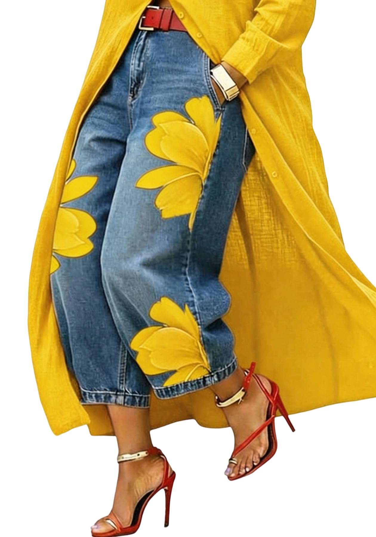 Unybwonn Women Barrel Capri Jeans Floral Wide Leg Cropped Cargo Denim Pants | High Waist,Flower Print,Distressed