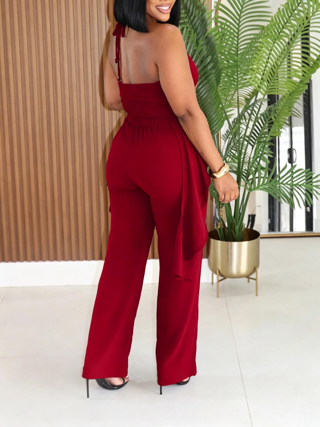 Women's Casual 2 Piece Set Sexy Sleeveless Backless Halter Neck Cutout Ruffled Tops Wide Legs Pants Outfits