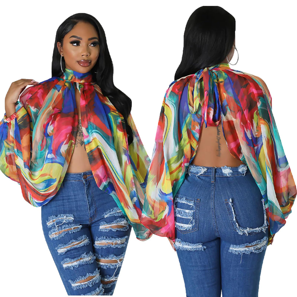 acelyn Women's Sexy See Through Chiffon Sheer Blouses Tops | Lantern Sleeve, Front Back Open, High Neck, Self Tie, Shawl Casual Shirts,Blouses Tops