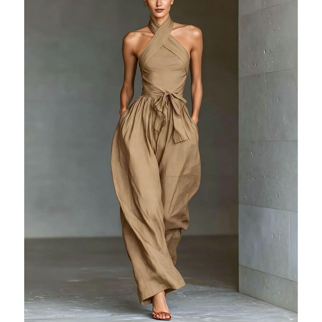 Backless Rompers for Women Casual Ink Printed Sleeveless High Waist Wide Leg Jumpsuit Sexy Halter Boho Vacation Party Outfits