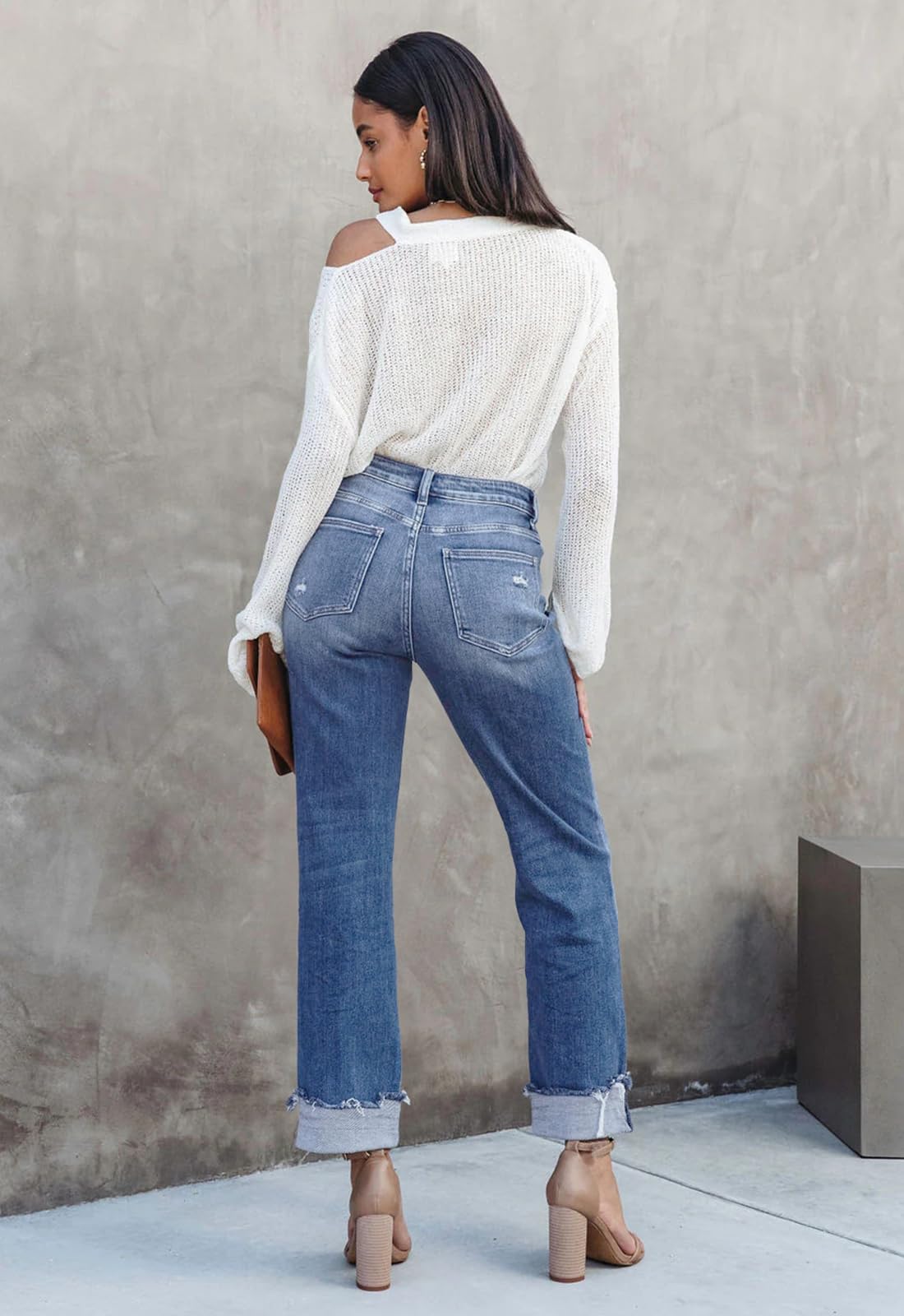 Metietila Jeans for Women Trendy High Waisted Corssover Boyfriend Jeans Distressed Stretchy Denim Pants