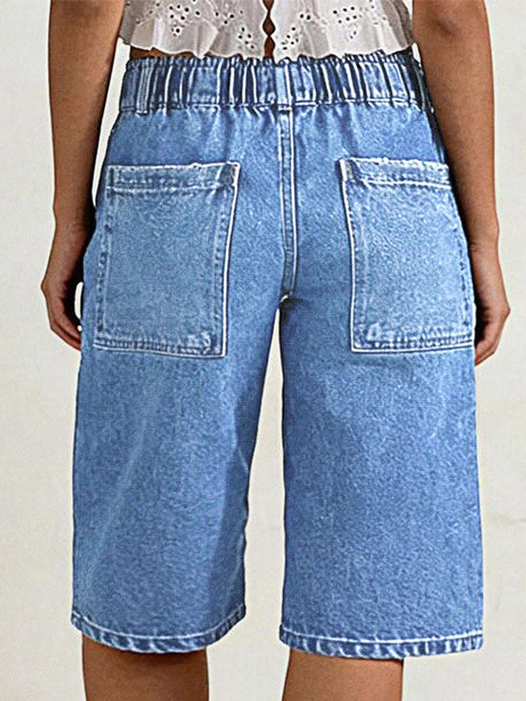 Flamingals Straight Leg High Rise Denim Bermuda Shorts | Elastic Trendy Jean Shorts with Patch Pockets, Bermuda Shorts for Women, High Waist, Denim Fabric