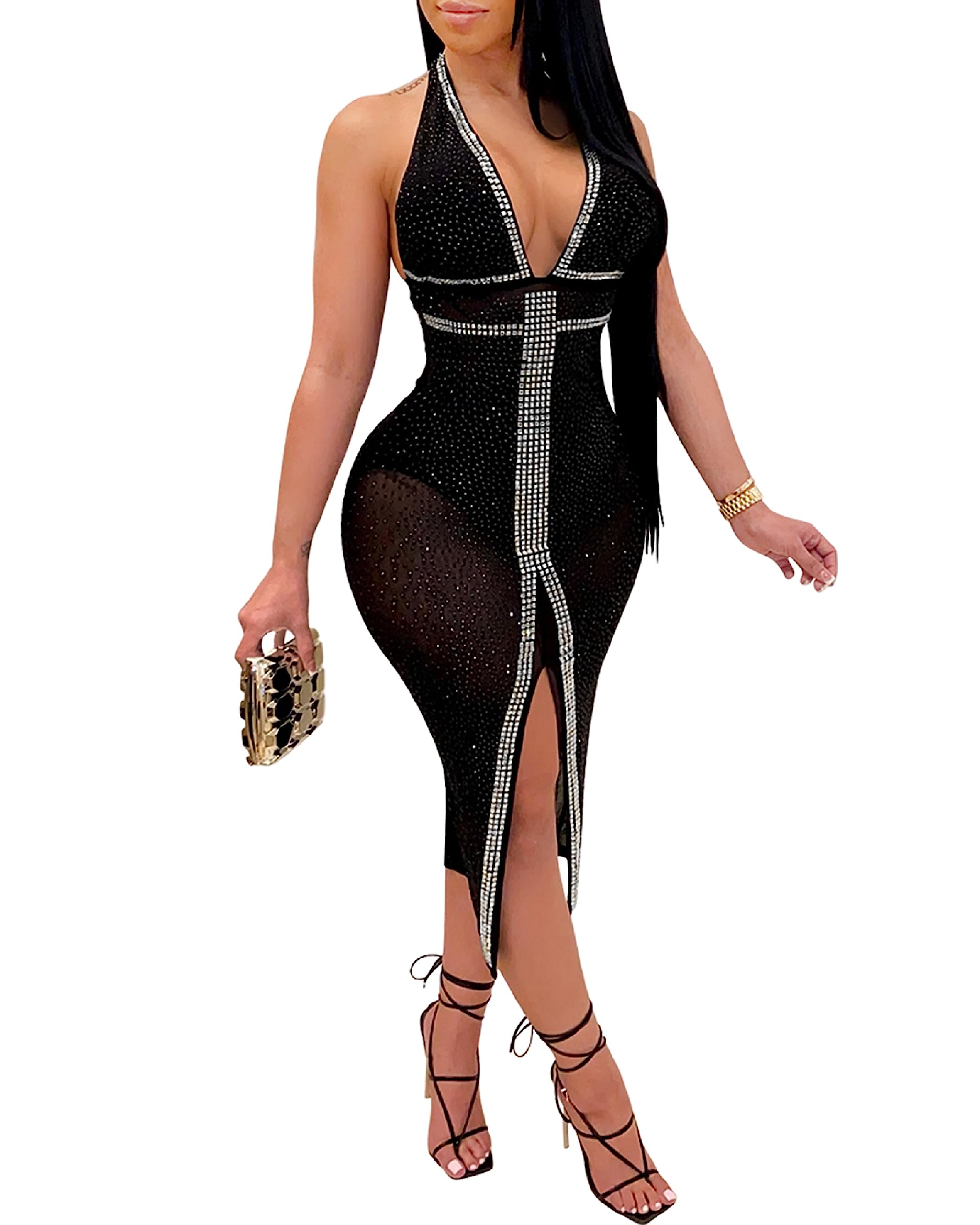 PORRCEY Women's Sexy Rhinestone Mesh See Through Party Night Prom Dress