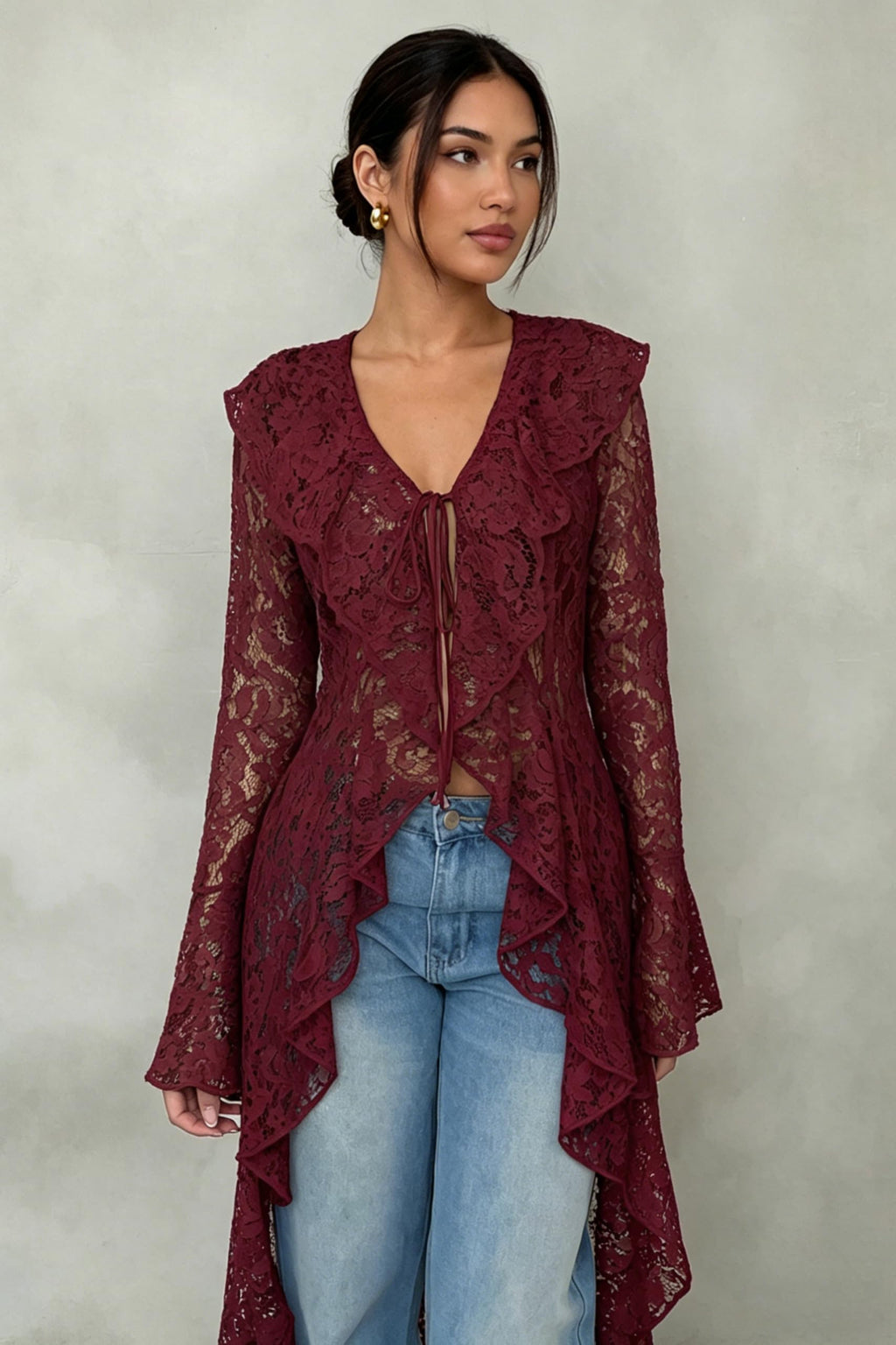Lace Cardigan for Women Maxi Summer Lightweight Open Front Tie Bell Long Sleeve Ruffled Tops Duster Swimsuit Cover Up