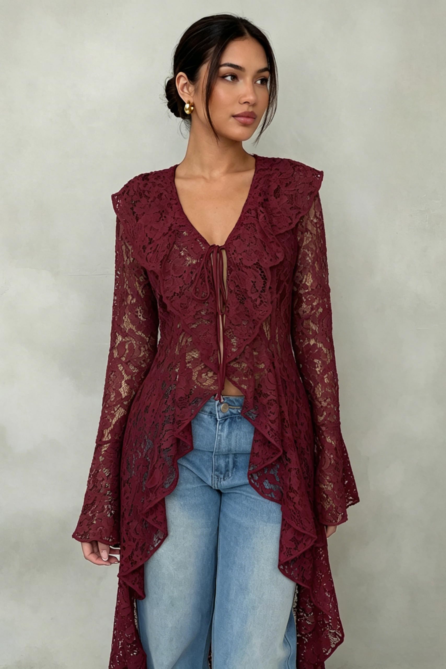 Lace Cardigan for Women Maxi Summer Lightweight Open Front Tie Bell Long Sleeve Ruffled Tops Duster Swimsuit Cover Up