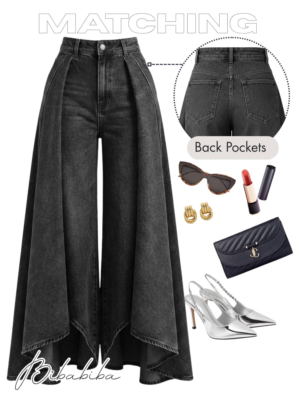 Women's Flowy Jeans with Skirt Overlay Baggy High Waisted Wide Leg Denim Pants Pleated Jeans Streetwear