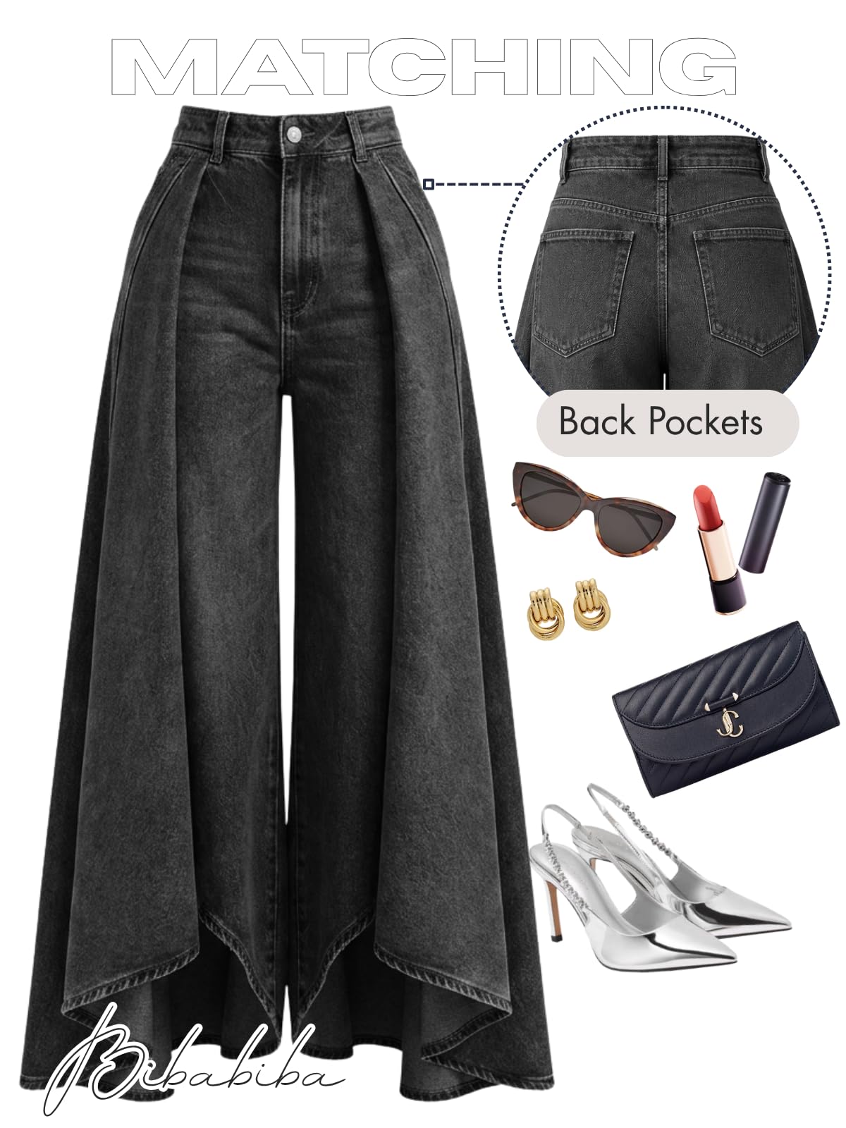 Women's Flowy Jeans with Skirt Overlay Baggy High Waisted Wide Leg Denim Pants Pleated Jeans Streetwear