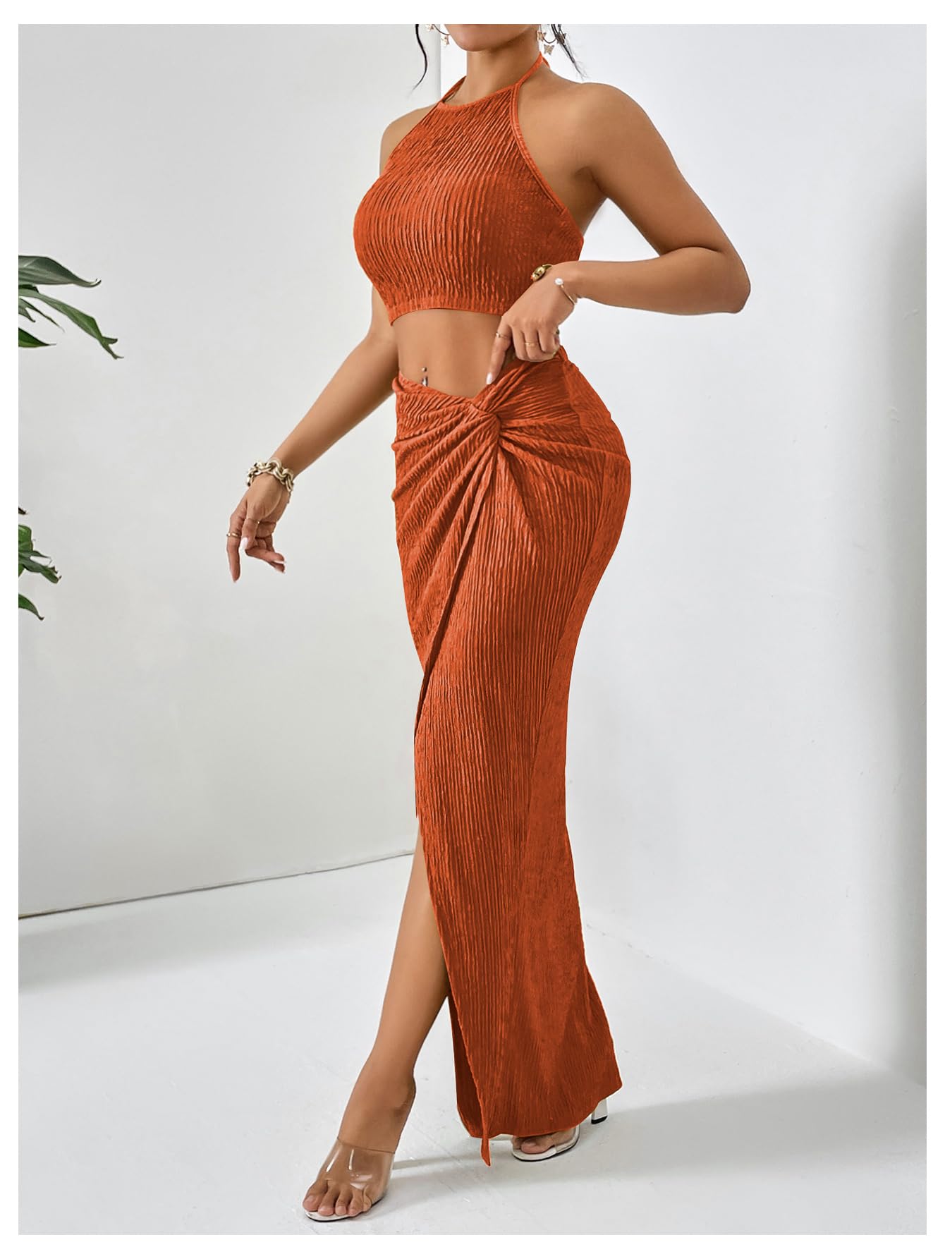 BEAUDRM Women's 2 Pieces Summer Outfits Textured Halter Crop Top and Split Maxi Skirt Set S Going Out Beach Vacation Outfits