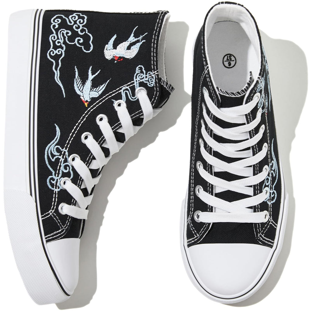 kufeiti Women's High Top Canvas Sneakers Casual Walking Shoes | embroidered,breathable canvas upper,lace up high top,non slip,easy match