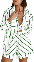 Women's Striped 2 Piece Outfits Casual Oversized Button Down Shirts and Short Lounge Pajamas Set