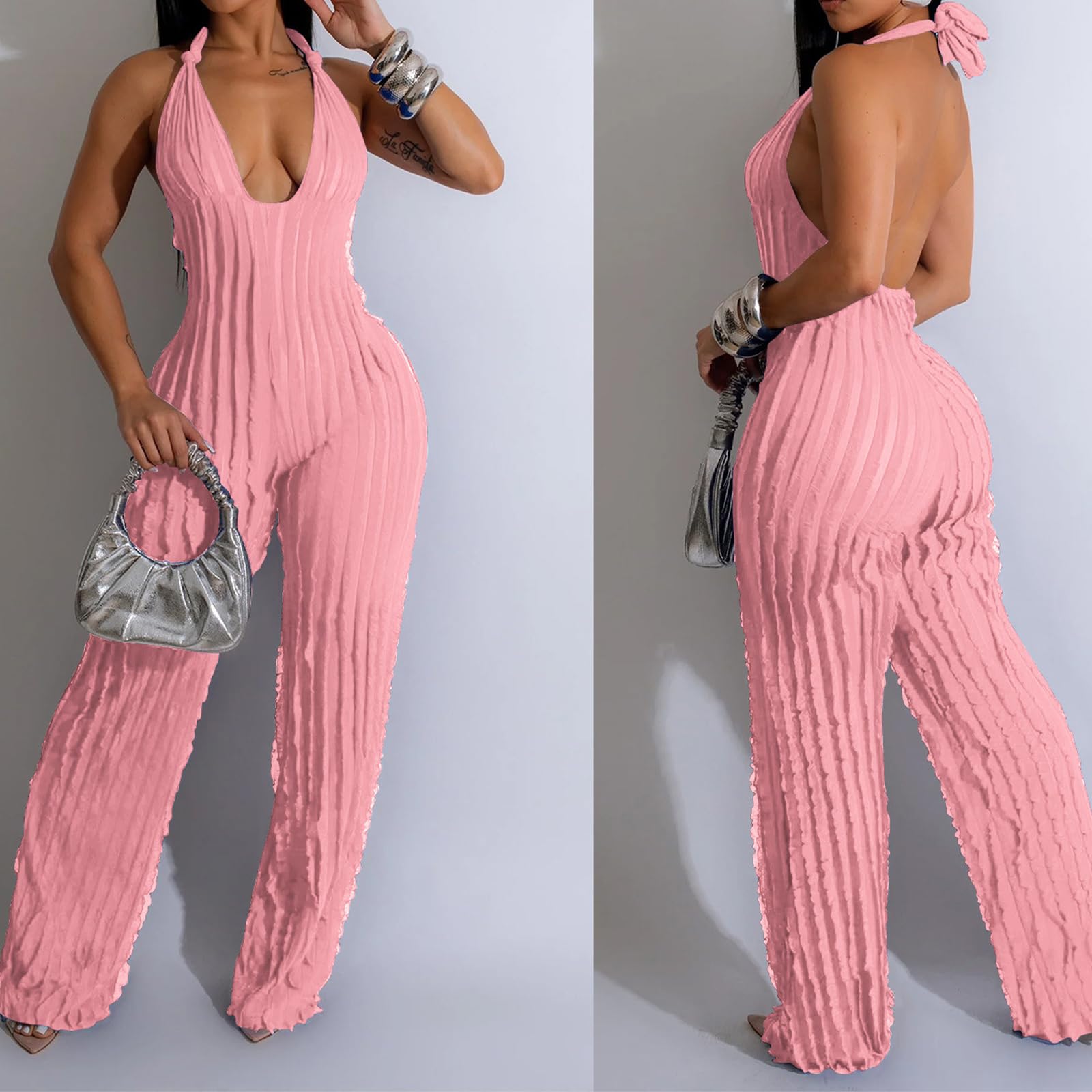 YBSKG Summer Halter Backless Jumpsuits for Women One Piece Wide Long Pants | Sexy See Through V Neck Tie Pleated One Piece Wide Leg Long Pants Romper