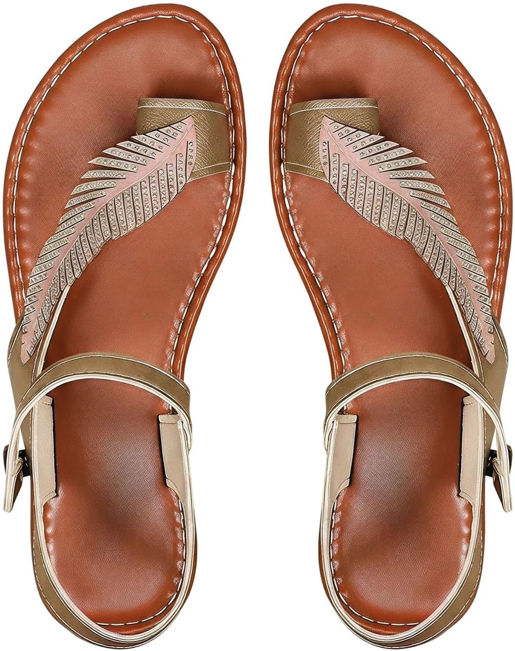 OYOANGLE Women's Leaf Rhinestone Toe Ring Flat Sandals Metallic Faux Leather Ankle Strap Vacation Sandals