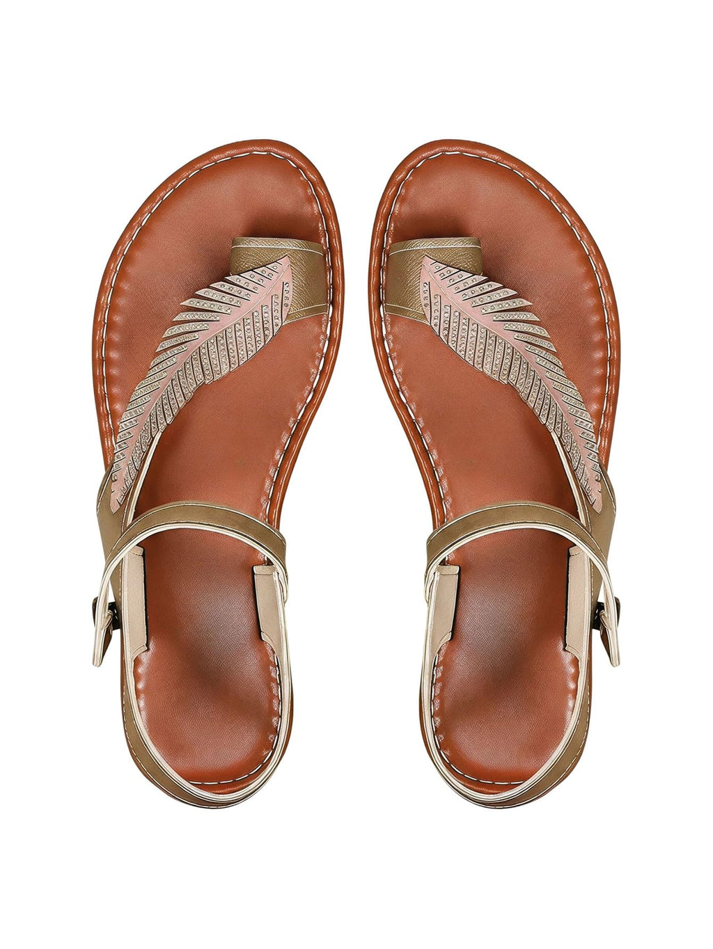 OYOANGLE Women's Leaf Rhinestone Toe Ring Flat Sandals Metallic Faux Leather Ankle Strap Vacation Sandals