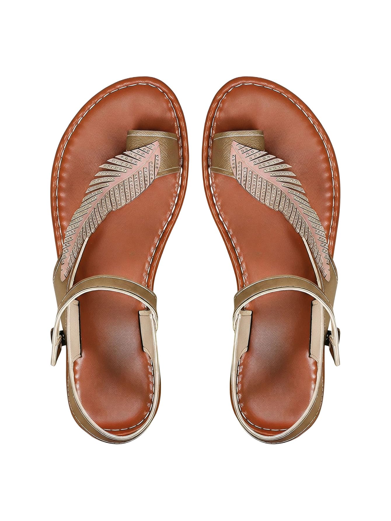 OYOANGLE Women's Leaf Rhinestone Toe Ring Flat Sandals Metallic Faux Leather Ankle Strap Vacation Sandals