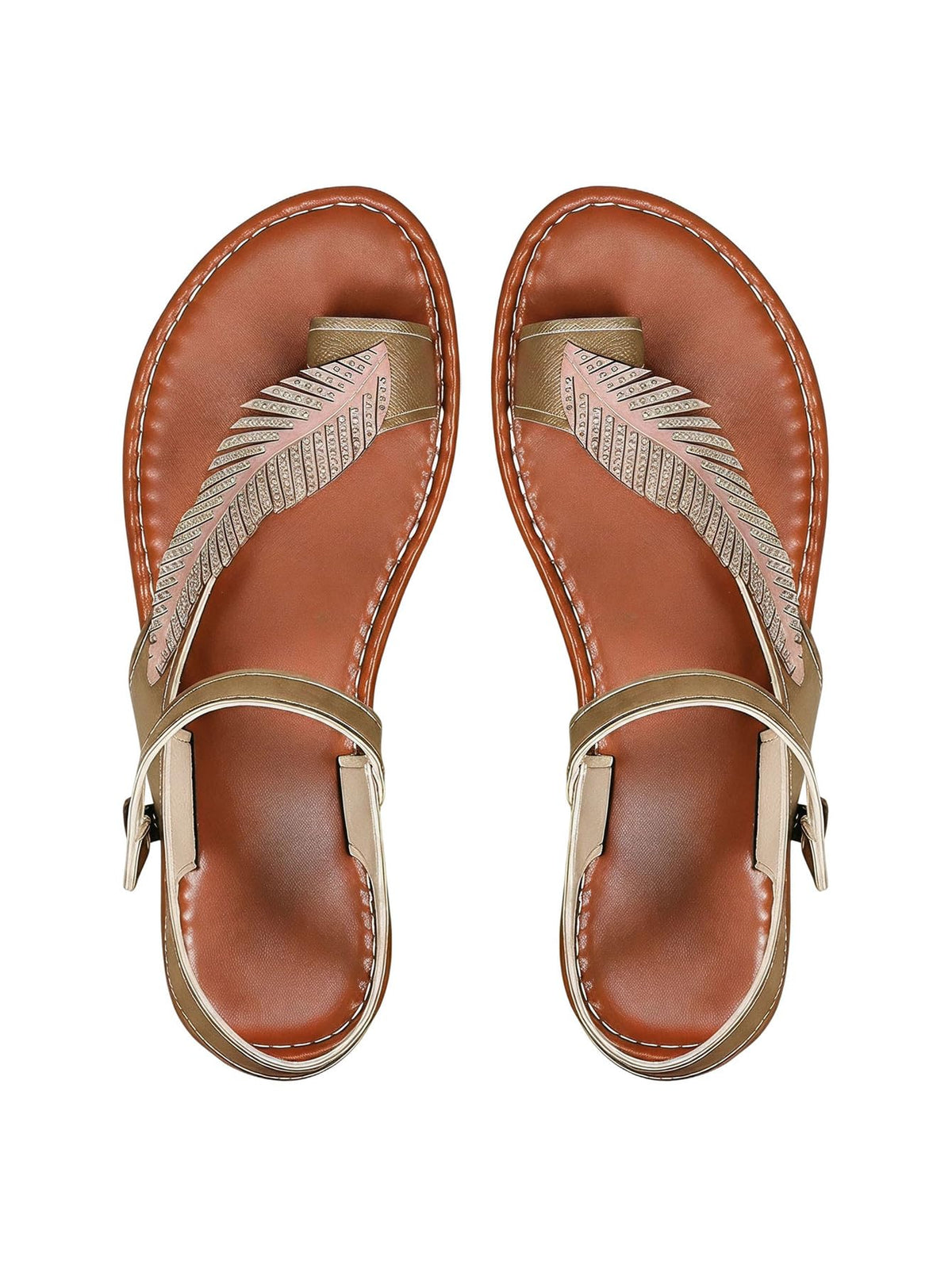 OYOANGLE Women's Leaf Rhinestone Toe Ring Flat Sandals Metallic Faux Leather Ankle Strap Vacation Sandals