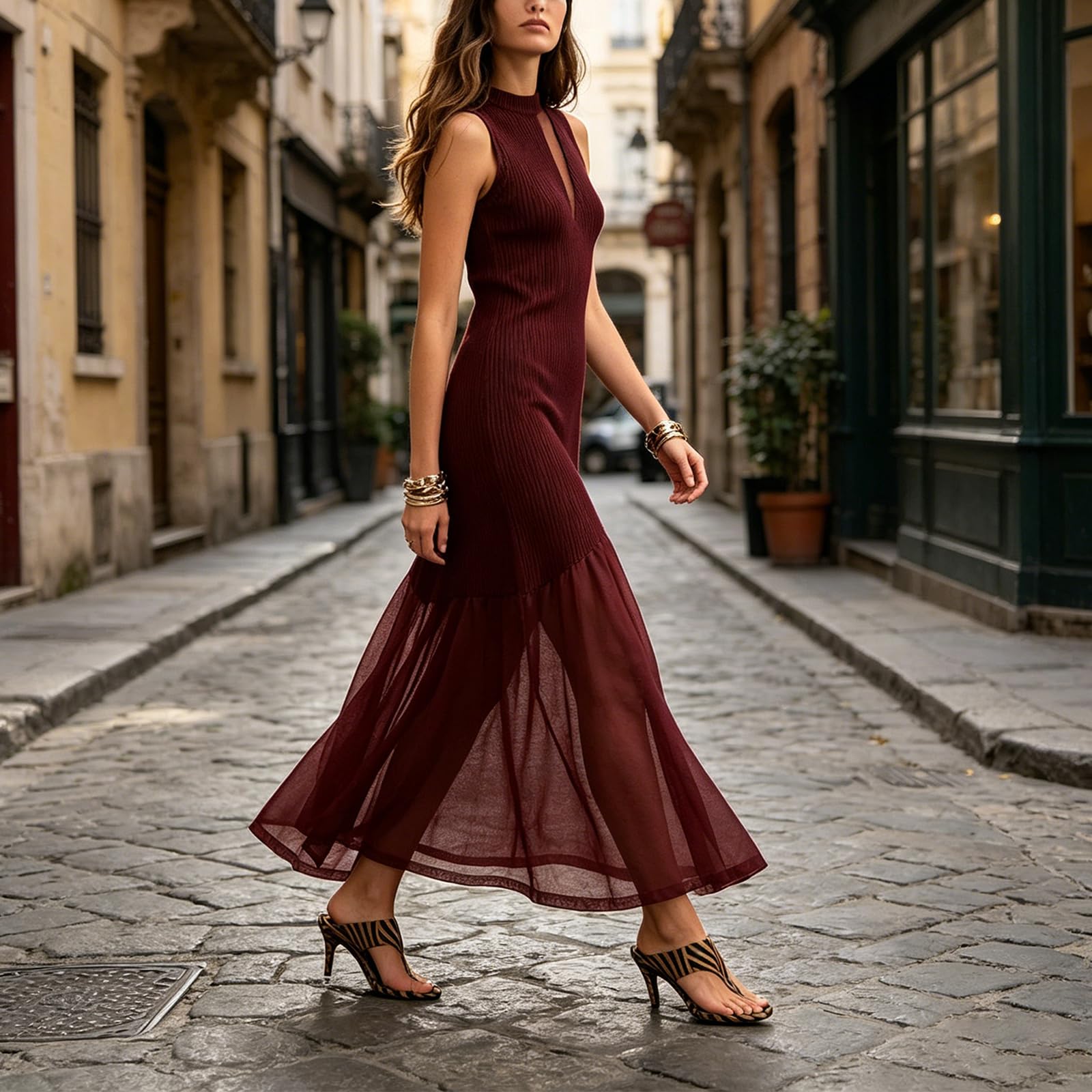 Women's Washed Faux Denim Patchwork Maxi Dress with Sheer Layered Skirt Hem Swing Ruffle Jean Dress for Casual Vacations