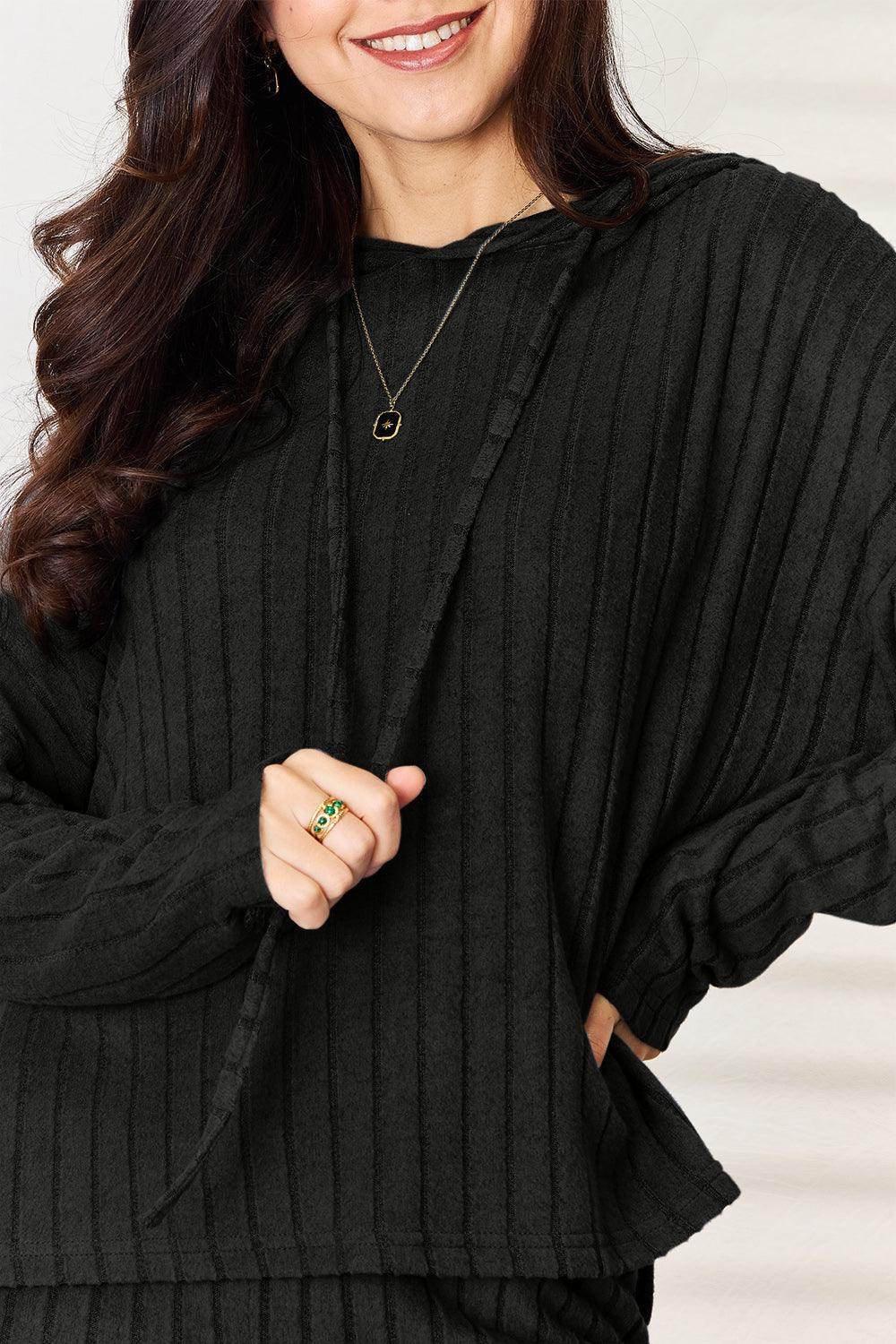 Basic Bae Full Size Ribbed Drawstring Hooded Top Set