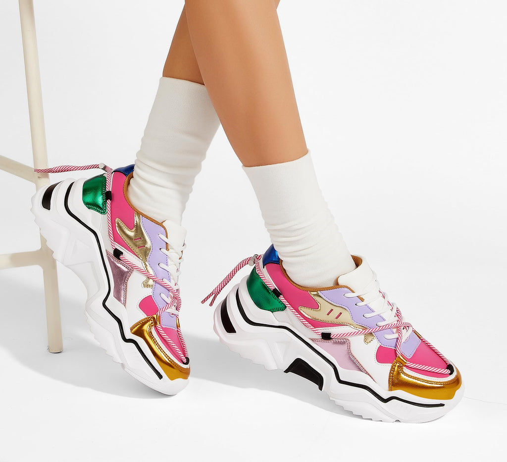 LUCKY STEP Women's Platform Fashion Chunky Dad Sneakers | Colorful | Retro Colorblock | Stylish Cute | Lace-Up Walking Shoes | Anti-Slip