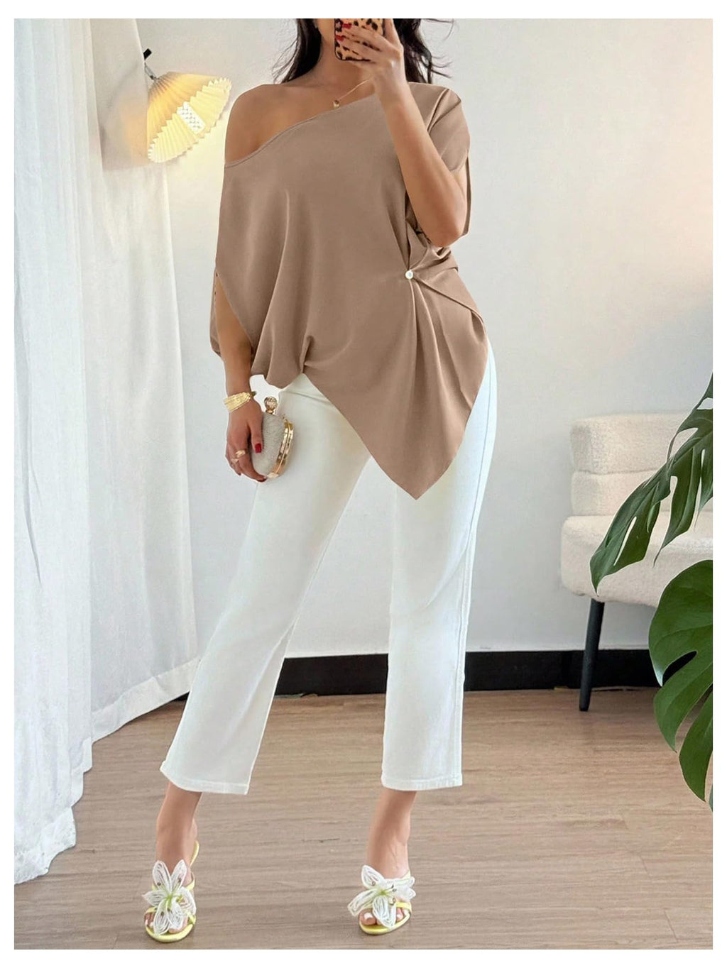 SHENHE Women's Off Shoulder Dolman Sleeve Blouses Asymmetrical Flowy Tops | Casual, Loose, Blouses With Waist Pleats, Asymmetrical, Elegant