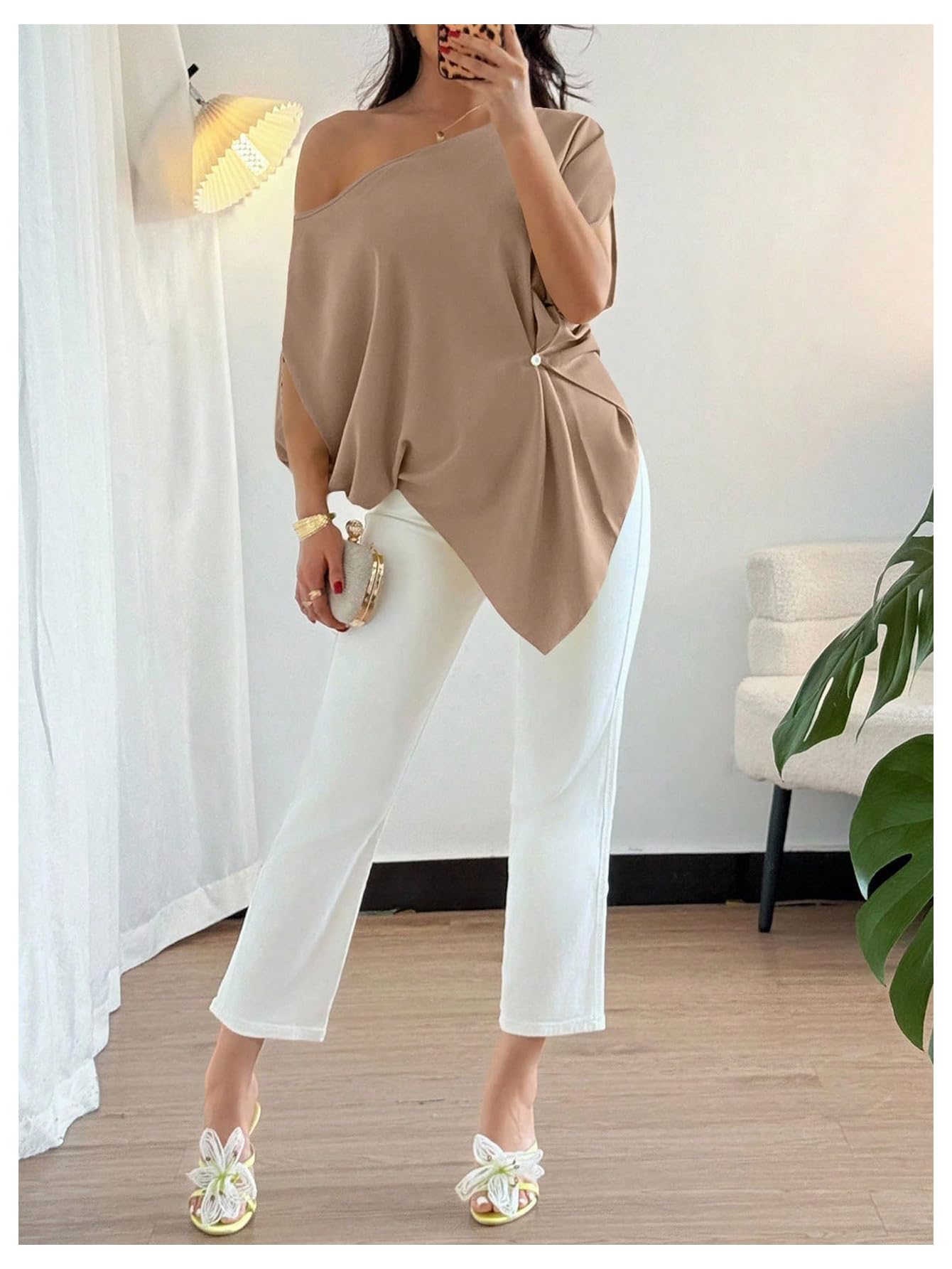 SHENHE Women's Off Shoulder Dolman Sleeve Blouses Asymmetrical Flowy Tops | Casual, Loose, Blouses With Waist Pleats, Asymmetrical, Elegant