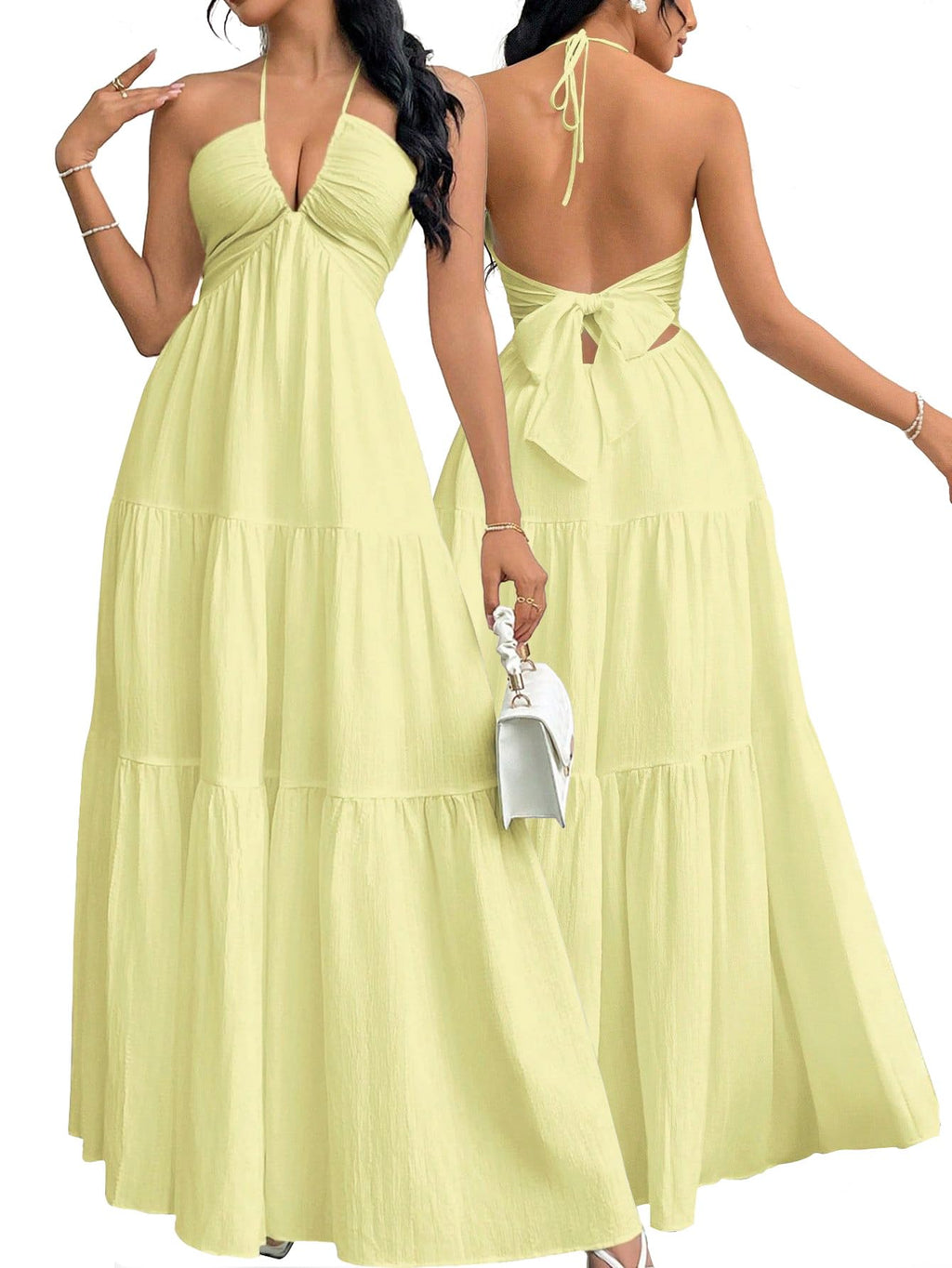 Narecte Women's Maxi Summer Dresses Halter V Neck Beach Dresses for Women A-Line Casual Dress for Vacation